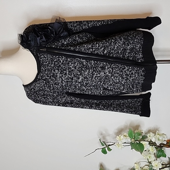 Loft Marled Black Tweed Knit Moto Jacket Sweater Embellished Spring Mobwife - Picture 4 of 15